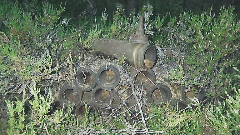 A pile of rusted shells in the grass